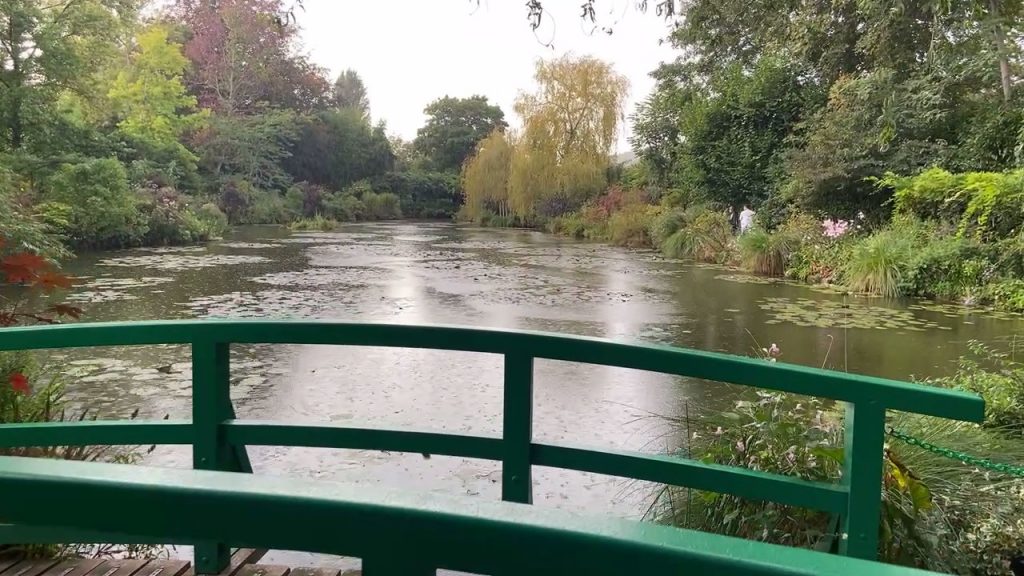 view from the Japanese green bridge of Claude Monet's water lily pond