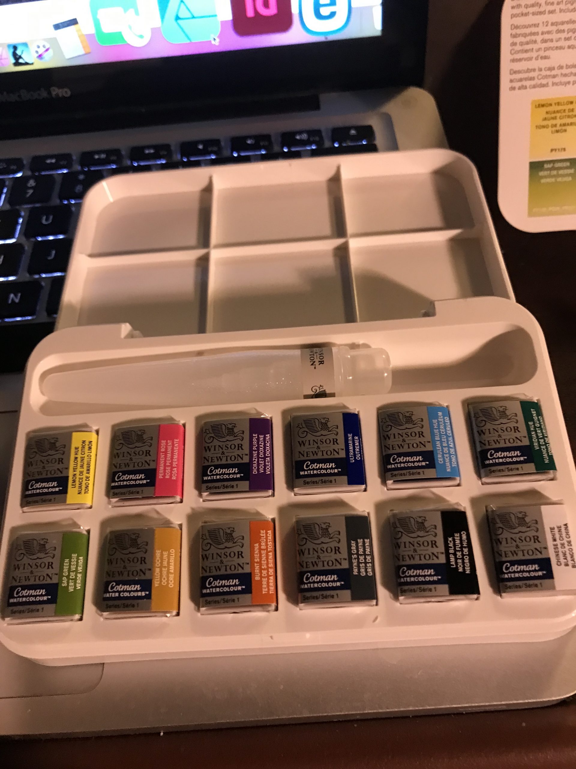 The watercolors and mixing tray